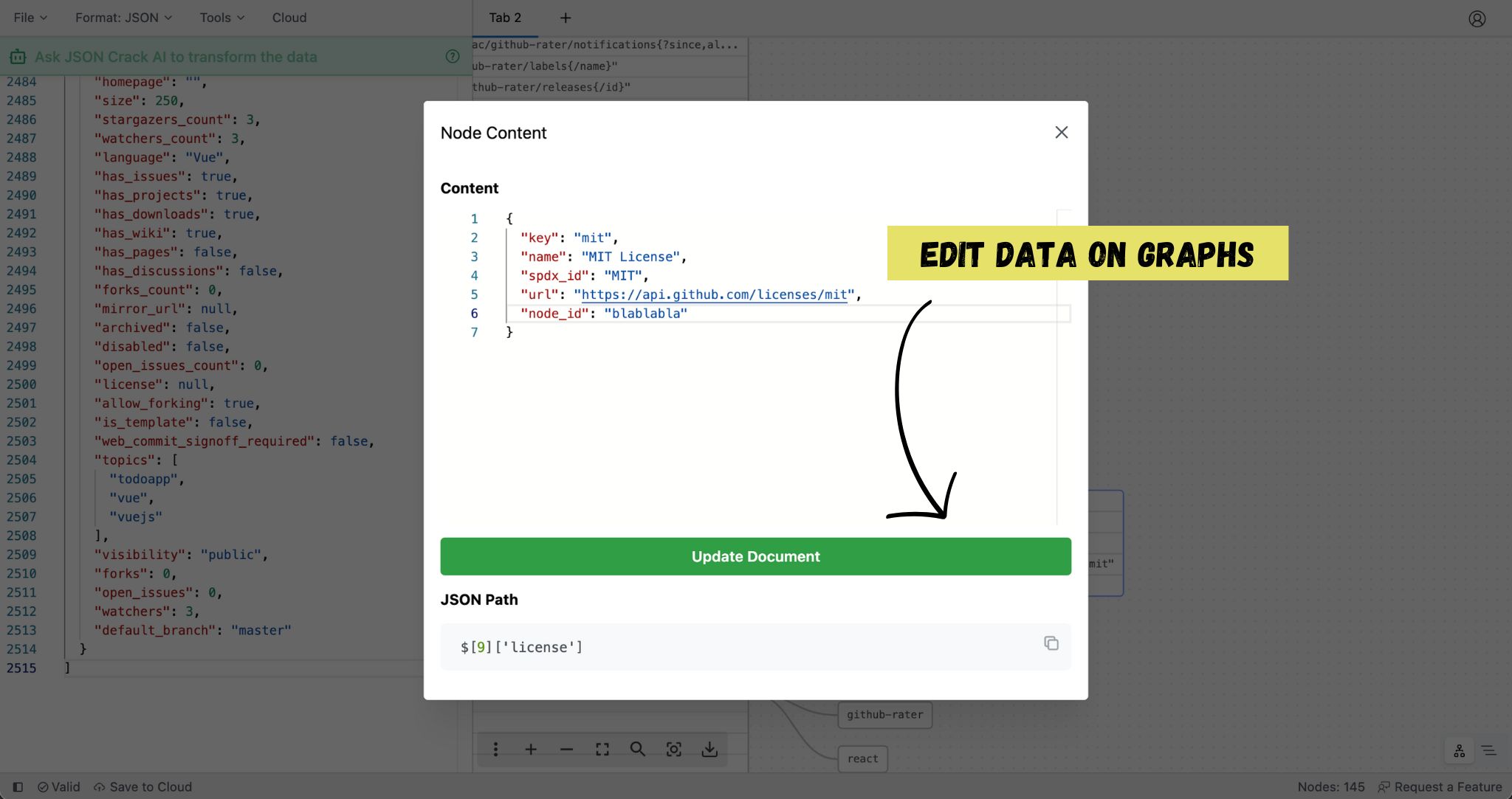 Preview JSON Crack Premium Editor highlighting the data edit feature, showing the data in a table format with the ability to edit the data directly.