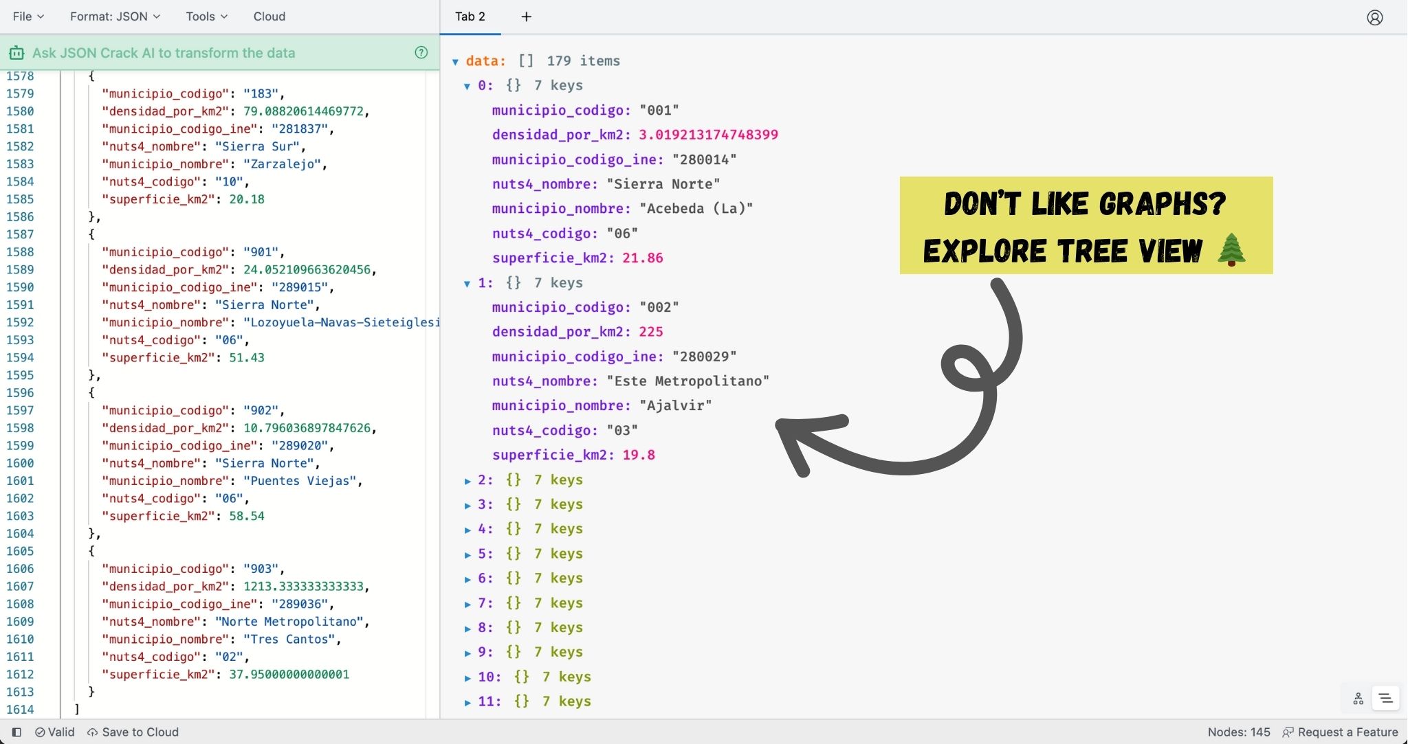 Preview JSON Crack Premium Editor highlighting the data view options, showing the data in a tree view and graph view.