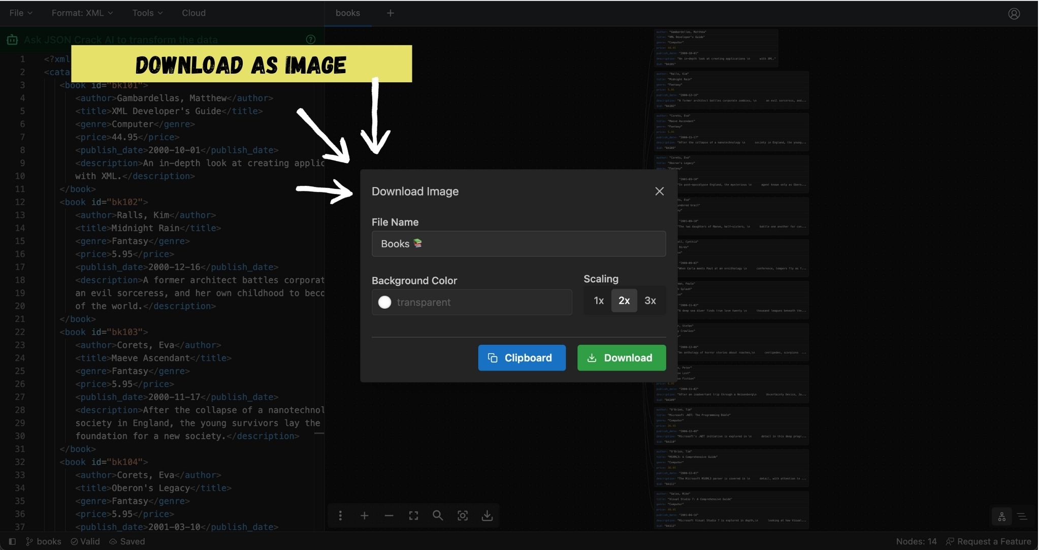 Preview JSON Crack Premium Editor highlighting the image download feature, showing the download options for the data.